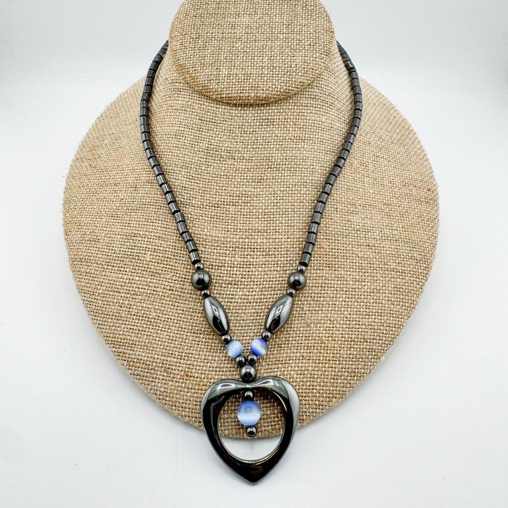Vintage Magnetic Hematite Heart Necklace Blue Cats Eye Bead Healing Love